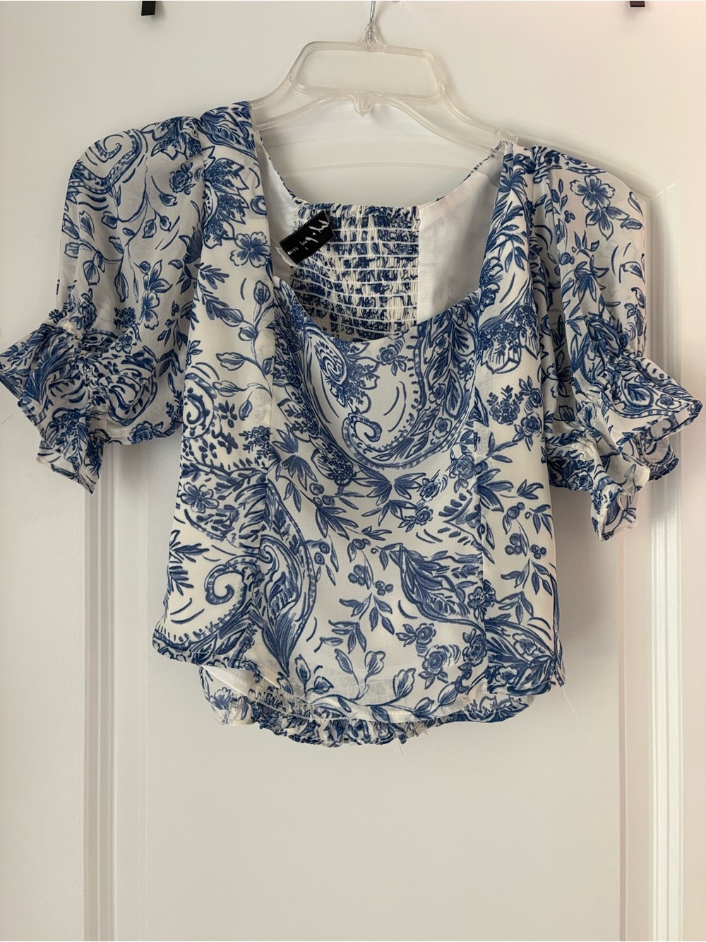 Petal and Pup Blue & White Floral Paisley Puff-Sleeve Blouse
